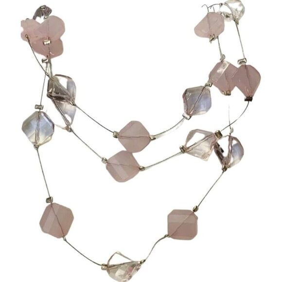 Vintage Pink Clear & Opaque Pink Faceted Beaded Silver Tone Layered Necklace - Picture 2 of 7